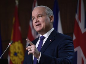 Conservative Leader Erin O'Toole speaks during a news conference responding to the federal government’s COVID-19 response, on Parliament Hill in Ottawa, on Thursday, Jan. 6, 2022.