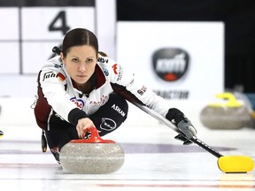 Team Walker skip Laura Walker during the Women's Quarter Finals during the Grand Slam of Curling at the Chestermere Rec Centre in Chestermere, Alberta on Saturday, November 6, 2021.