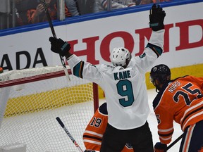 Edmonton Oilers goalie Mikko Koskinen (19) gives up a goal to San Jose Sharks forward Evander Kane (9) at Rogers Place in Edmonton on Feb. 6, 2020.