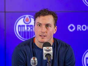 Edmonton Oilers player Tyson Barrie speaks to media after practice on Monday, Jan. 17, 2022 in Edmonton.