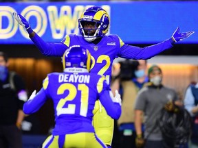 Rams defensive back David Long (22) celebrates his touchdown against the Cardinals during the first half of the NFC Wild Card playoff game at SoFi Stadium in Inglewood, Calif., Monday, Jan. 17, 2022.