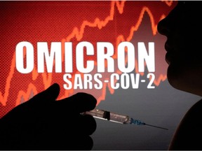 FILE PHOTO: People pose with syringe with needle in front of displayed words "OMICRON SARS-COV-2" in this illustration taken, December 11, 2021. REUTERS/Dado Ruvic/Illustration/File Photo
