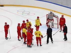 BEIJING, CHINA - JANUARY 29:  The Chinese men's national hockey team practices ahead of the Beijing 2022 Winter Olympic Games at the National Indoor Stadium on January 29, 2022 in Beijing, China.