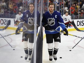 Connor McDavid (97) of the Edmonton Oilers warms up before the start of the 2022 Honda NHL All-Star Game at T-Mobile Arena on Saturday, Feb. 05, 2022, in Las Vegas, Nevada.