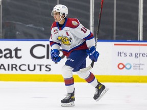 Edmonton Oil Kings forward Dylan Guenther (11) scored four goals in a 9-1 win against the Saskatoon Blades on Friday at Rogers Place.