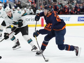Edmonton Oilers center Connor McDavid (97) shoots during the first period against the San Jose Sharks at SAP Center at San Jose on Feb. 14, 2020.