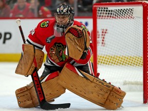 Chicago Blackhawks goaltender Marc-Andre Fleury makes a save against the Florida Panthers at the United Center.