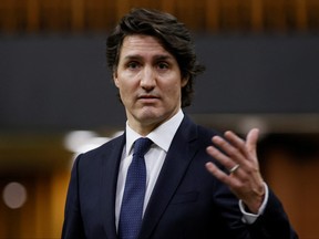 Prime Minister Justin Trudeau speaks about the trucker protest during an emergency debate in the House of Commons on Parliament Hill in Ottawa, Feb. 7, 2022.
