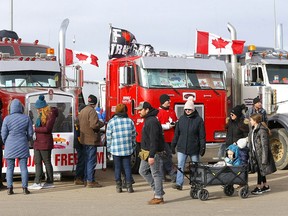 The roadblock on Highway 4 outside of Milk River heading towards the Coutts border crossing as protesters continue to slow down traffic but still keep a lane open in both directions on Tuesday, Feb. 8, 2022.