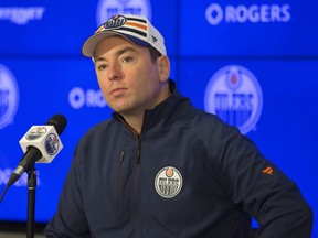 Jay Woodcroft head coach with the Bakersfield Condors talks to the media after watching players at the Edmonton Oiler rookie camp on Thursday, Sept. 16, 2021. Woodcroft was named Oilers head coach on Thursday.