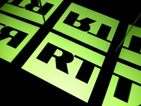 This file photo taken in Toulouse, France on Oct. 5, 2021 shows the logo of RT (Russia Today) TV channel displayed by a tablet.