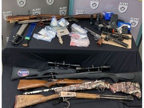 ALERT Grande Prairie's organized crime and gang team seized nine firearms and an estimated $25,000 worth of fentanyl and methamphetamin onFebruary 9, 2022. Supplied photo