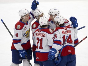 The Edmonton Oil Kings celebrate their first period goal against the Medicine Hat Tigers during WHL action at Rogers Place in Edmonton on Wednesday Feb. 2, 2022.