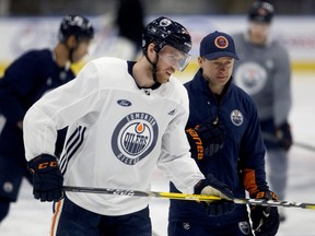 Connor McDavid takes part in an Edmonton Oilers practice at Rogers Place, in Edmonton Tuesday March 29, 2022.