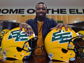 Unveiling the Elks return to the double E helmet design is Mookie Mitchell, former receiver and now EE Football Alumni Association President in the dressing room at Commonwealth Stadium in Edmonton, March 3, 2022.