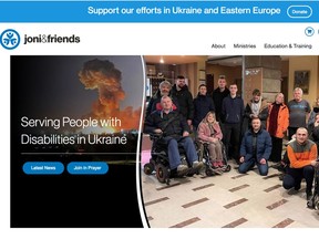 In 1979, Joni Eareckson-Tada formed Joni and Friends, a charity which has helped people with disabilities worldwide. Now Joni and Friends is accepting prayers and donations to help people with disabilities in Ukraine. Screen shot