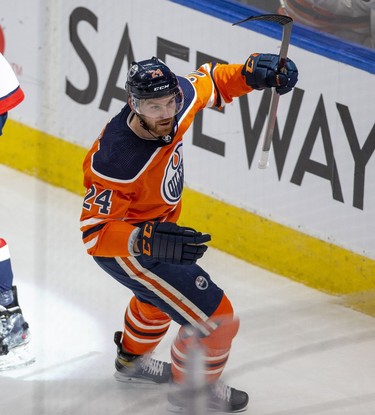 Edmonton Oilers Brad Malone celebrates his goal against the Washington Capitals on Wednesday, March 9, 2022 in Edmonton.