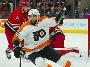 Philadelphia Flyers centre Derick Brassard (19) celebrates his goal against the Carolina Hurricanes at PNC Arena on Mar 12, 2022, in Raleigh, N.C.