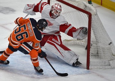Edmonton Oilers Kailer Yamamoto (56) scores on Detroit Red Wings goalie Alex Nedeljkovic (39) during NHL action at Rogers Place in Edmonton, March 15, 2022.