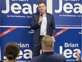 Brian Jean speaks to supporters at his campaign office in Fort McMurray as early unofficial results roll in from the Fort McMurray-Lac La Biche byelection on Tuesday, March 15, 2022. PHOTO BY VINCENT MCDERMOTT /Postmedia