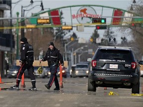 Edmonton police were still on scene Friday afternoon after a man was shot dead by police near 95 Street and 105 Avenue in downtown Edmonton at approximately 6:30 am on Friday March 25, 2022.