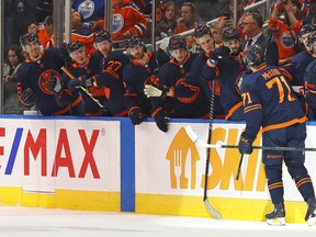 Edmonton Oilers forward Ryan McLeod (71) celebrates his goal against the Arizona Coyotes at Rogers Place on Monday, March 28, 2022.
