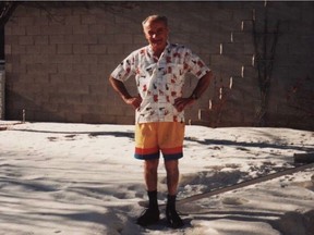 Harold Tait waltzing over to his neighbour's backyard on a brisk Edmonton afternoon in February 1987 in his brand new Hawaii shirt and shorts.