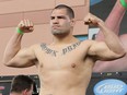 UFC Heavyweight fighter Cain Velasquez weighs in at 244 lbs at the UFC 121 weigh-in at the Honda Center on October, 22, 2010 in Anaheim, California.