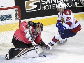 Oil Kings forward Jalen Luypen would score on this chance against Hitmen goalie Ethan Buenaventura during the second period of action against the Calgary Hitmen on March 5, 2022.
