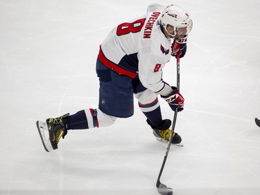 Washington Capitals Alex Ovechkin (8) fires the puck on the Edmonton Oilers during second period NHL action on Wednesday, March 9, 2022 in Edmonton.