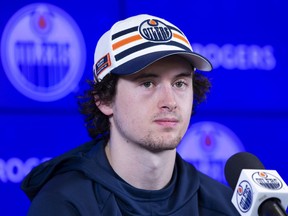 Kailer Yamamoto speaks to media after practice on Friday, March 18, 2022 in Edmonton.