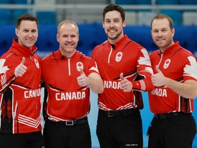 The Gushue rink -- from left, skip Brad Gushue, third Mark Nichols, second Brett Gallant and lead Geoff Walker -- won a bronze medal for Canada at the Beijing Winter Olympics, and are also competing at the 2022 Tim Hortons Brier.