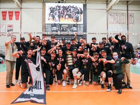 The University of Alberta Golden Bears celebrate after defeating the Trinity Western University Spartans to capture the U Sports men's volleyball championship at  Investors Group Athletic Centre in Winnipeg on Sunday, March 27, 2022.