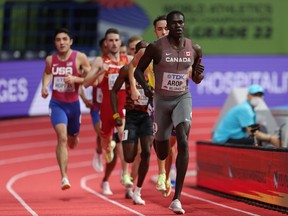Marco Arop of Canada competes in the 800 metre final at the World Athletics indoor championships 2022 at Belgrade Arena on March 19, 2022, in Belgrade, Serbia.