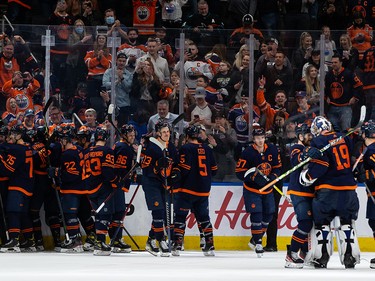 The Edmonton Oilers celebrate their overtime win over the San Jose Sharks at a NHL game at Rogers Place in Edmonton, on Thursday, April 28, 2022.