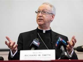 Archbishop Richard Smith answers questions and shares his observations about the apology by Pope Francis to Indigenous, Inuit and Métis people on April 1 in Rome during a news conference in Edmonton on Monday, April 4, 2022. Smith was in Rome as part of the delegation.