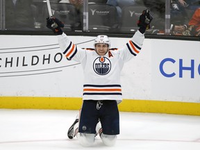 Edmonton Oilers centre Leon Draisaitl reacts after scoring against the Anaheim Ducks in Anaheim, Calif., on Sunday, April 3, 2022. The Oilers won 6-1.