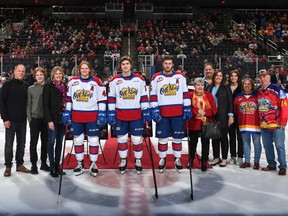 The Edmonton Oil Kings' three 20 year-old players, from centre left, Carter Souch, Josh Williams and Simon Kubicek, were honoured by the club ahead of Sunday's home game against the Red Deer Rebels. They will play their final regular-season game at Rogers Place in Saturday's rematch.