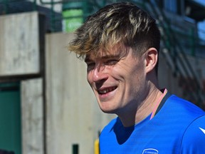 FC Edmonton striker Tobias Warschewski from Germany speaks to the media during a team availability to kick-off the beginning of a new season at Clarke Field in Edmonton on Wednesday April 6, 2022.