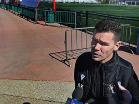 FC Edmonton head coach Alan Koch during a team availability to kick-off the beginning of the new season at Clarke Field in Edmonton, April 6, 2022..