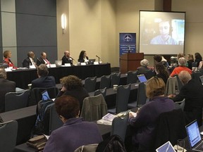 This Nov. 30, 2017 photo shows former Guantanamo Bay prisoner Mohamedou Ould Slahi speaking about his experiences under CIA interrogation via video from his home in Mauritania to an anti-torture group in Raleigh, N.C.