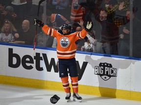 Edmonton Oilers forward Evander Kane (91) celebrates his hat-trick goal against the Colorado Avalanche on the way to a 6-3 win at Rogers Place in Edmonton on Friday, April 22, 2022.