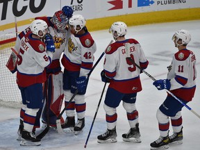 The Edmonton Oil Kings, seen here celebrating a 4-1 win over the Lethbridge Hurricanes on April 21, 2022, have moved on to the second round of the Western Hockey League playoffs after sweeping their opponents in four games Thursday.