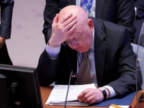 Russian Ambassador to the United Nations Vassily Nebenzia reacts during a U.N. Security Council meeting, amid Russia's invasion of Ukraine, at the U.N. Headquarters in New York City, Tuesday, April 5, 2022.