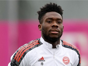 Bayern Munich's midfielder Alphonso Davies attends a training session of German first division football club FC Bayern Munich in Munich, southern Germany on April 5, 2022.