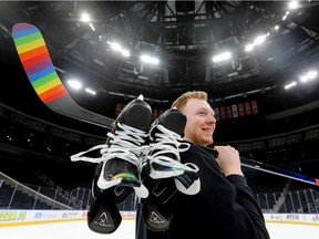 Edmonton Oil Kings defenceman Luke Prokop poses for a photo at centre ice in Rogers Place in Edmonton on Thursday, April 7, 2022. Prokop publicly announced he was gay this past summer. The Oil Kings are hosting Pride Day on Saturday afternoon when they play the Red Deer Rebels,