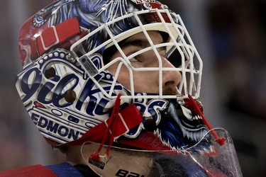 The Edmonton Oil Kings' goaltender Sebastian Cossa (33) during second period WHL playoff action against the Lethbridge Hurricanes at Rogers Place in Edmonton, Saturday April 23, 2022.