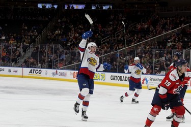 The Edmonton Oil Kings' Carson Golder (9) celebrates a goal against the Lethbridge Hurricanes during second period WHL playoff action at Rogers Place in Edmonton, Saturday April 23, 2022.
