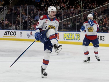 The Edmonton Oil Kings' Carson Golder (9) celebrates a goal against the Lethbridge Hurricanes during second period WHL playoff action at Rogers Place in Edmonton, Saturday April 23, 2022.