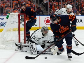 Edmonton Oilers' Kailer Yamamoto (56) stick handles in front of L.A. Kings' goaltender Jonathan Quick (32) during first period NHL action in Game 2 of their first round Stanley Cup playoff series in Edmonton, on Wednesday, May 4, 2022.